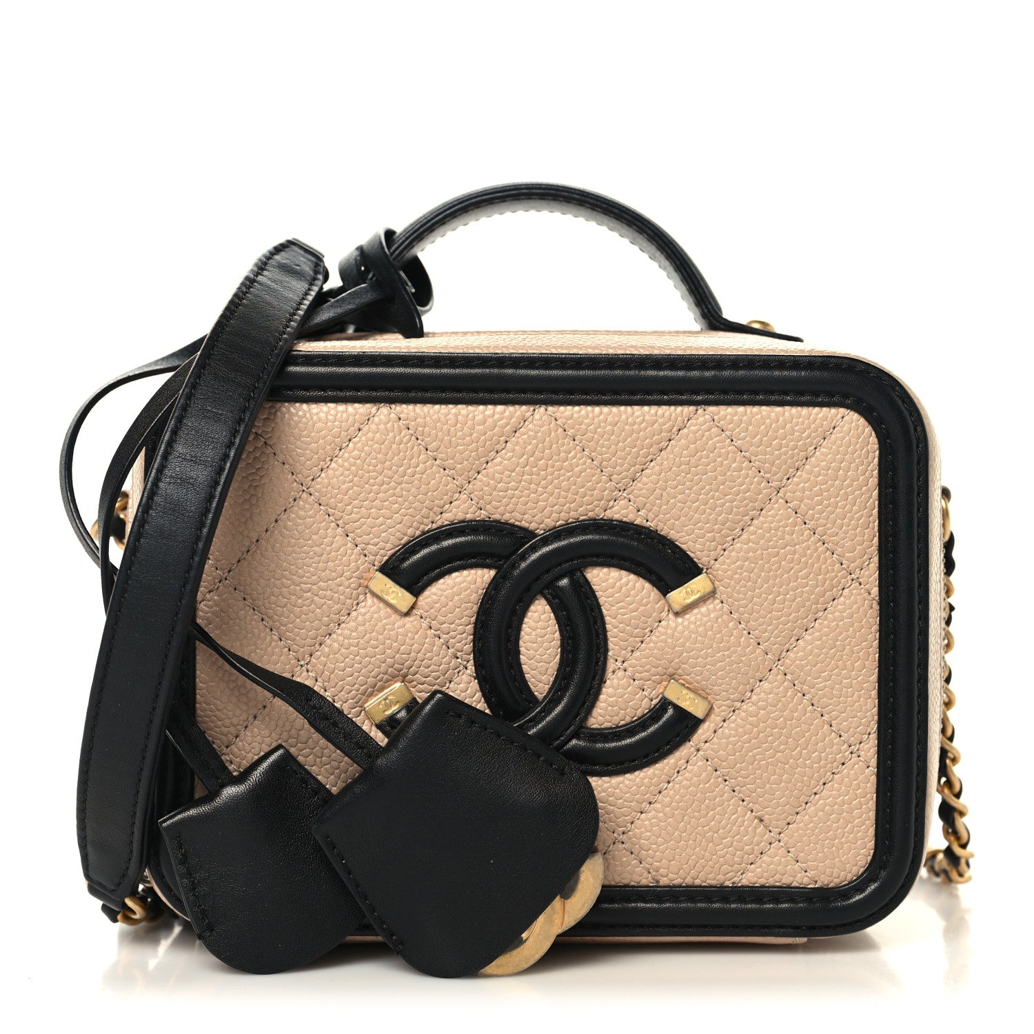 Chanel Caviar Quilted Small CC Filigree Vanity Case Beige Black