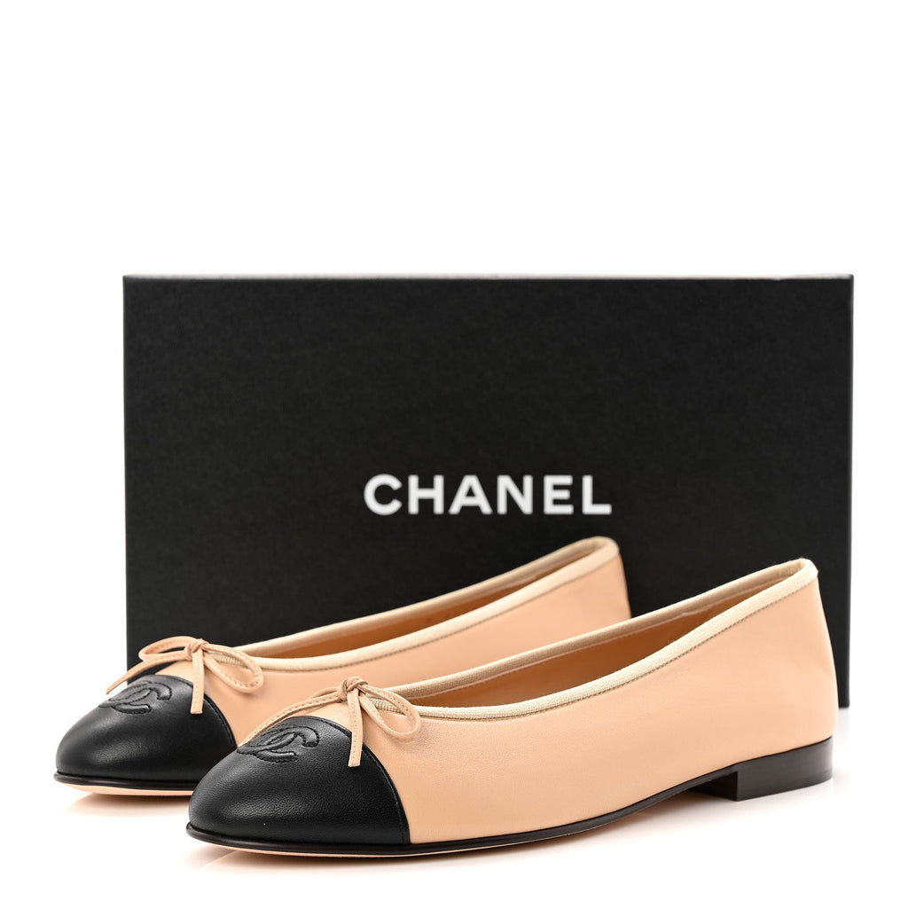 Lambskin Cap Toe CC Ballerina Flats 39.5 Beige Black