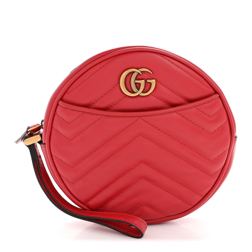 Gucci Calfskin Matelasse GG Marmont Round Wrist Wallet Hibiscus Red
