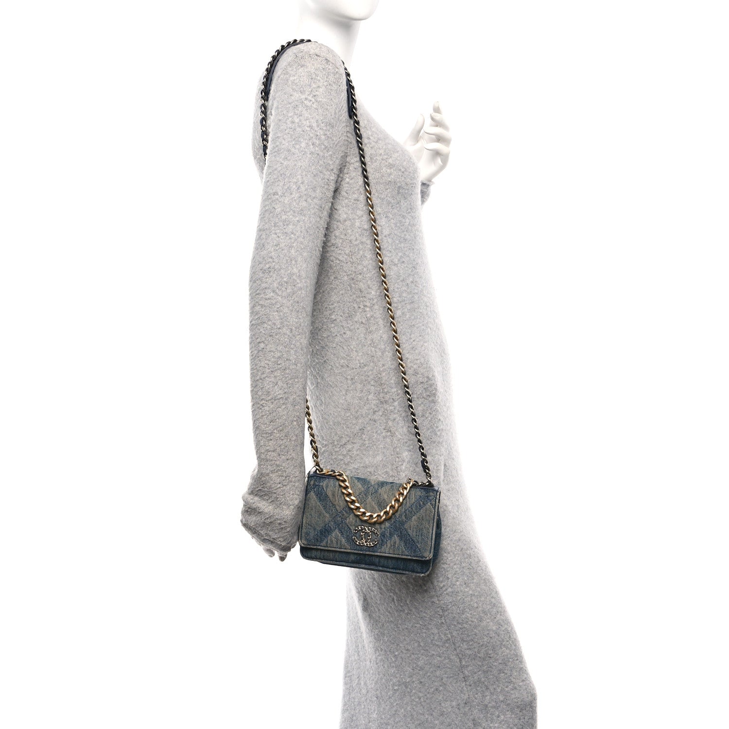 Chanel Denim Quilted Chanel 19 Wallet On Chain WOC Blue