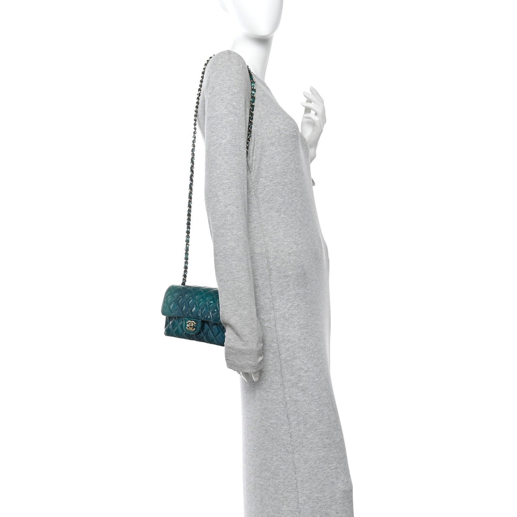 Chanel Shaded Patent Calfskin Quilted Mini Rectangular Flap Green Blue