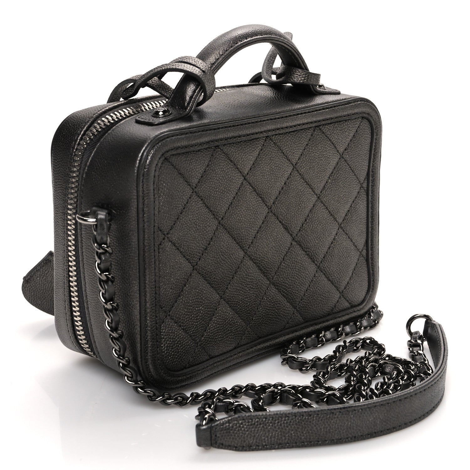 Chanel Metallic Caviar Quilted Small CC Filigree Vanity Case Dark Silver