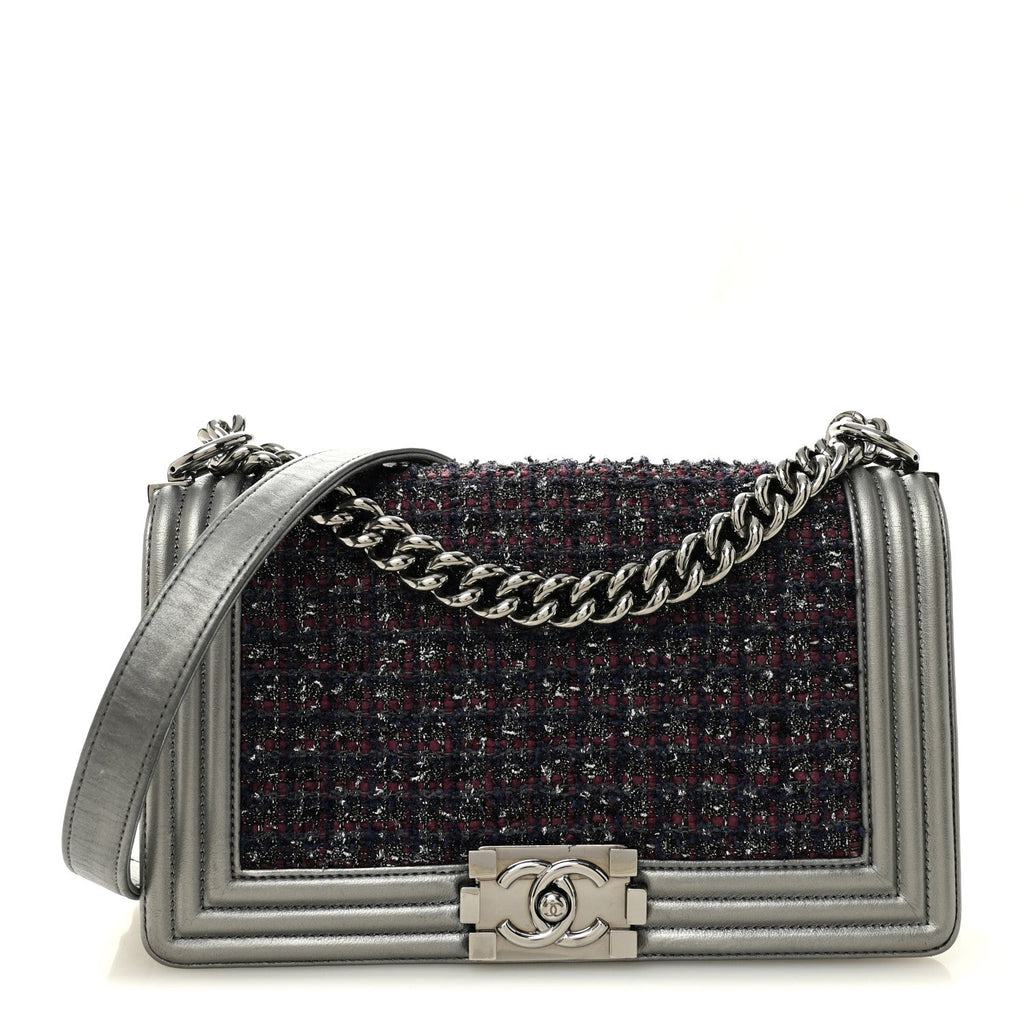 Chanel Tweed Metallic Lambskin Medium Boy Flap Silver
