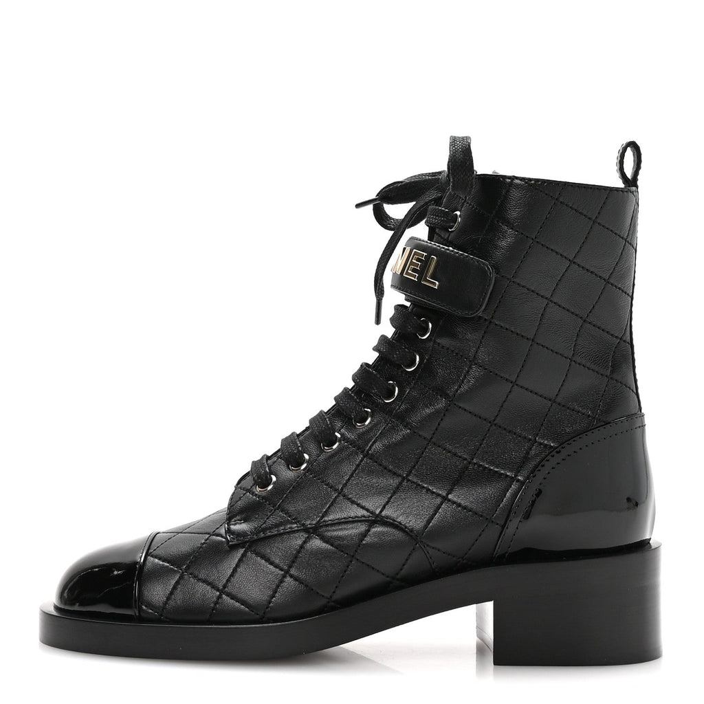 Lambskin Patent Calfskin Quilted Logo Lace Up Combat Boots 39.5 Black