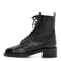 Lambskin Patent Calfskin Quilted Logo Lace Up Combat Boots 39.5 Black