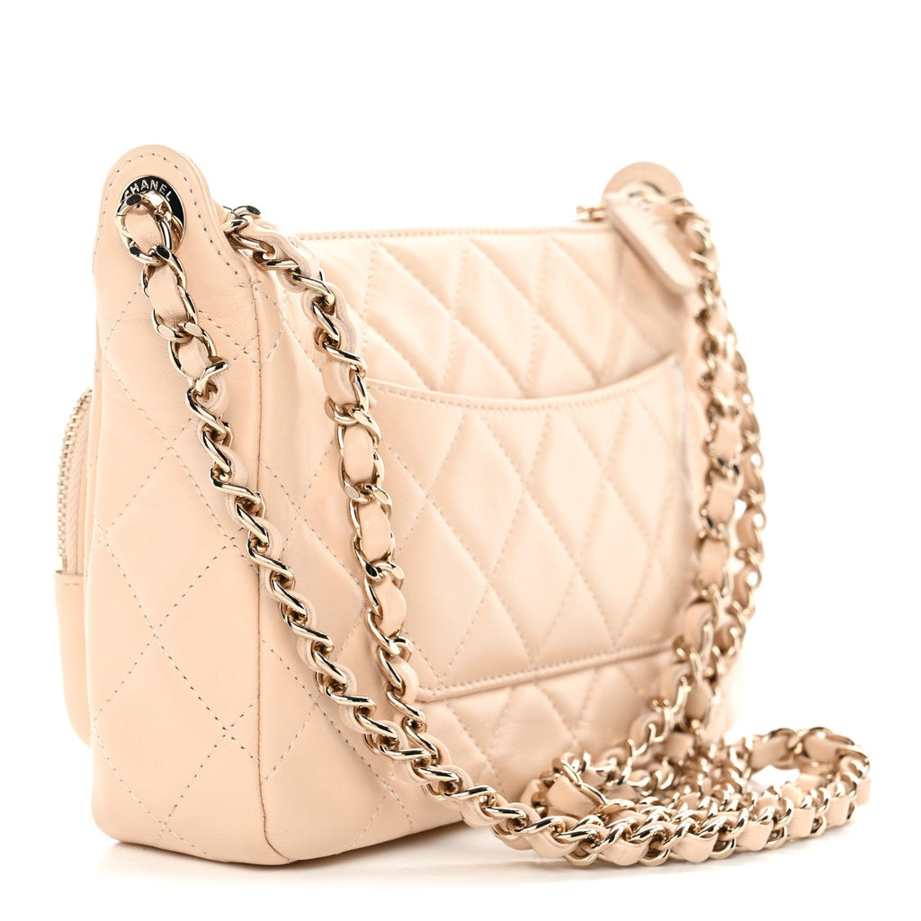 Chanel Shiny Crumpled Lambskin Quilted Small Preppy Pocket Clutch With Chain Beige