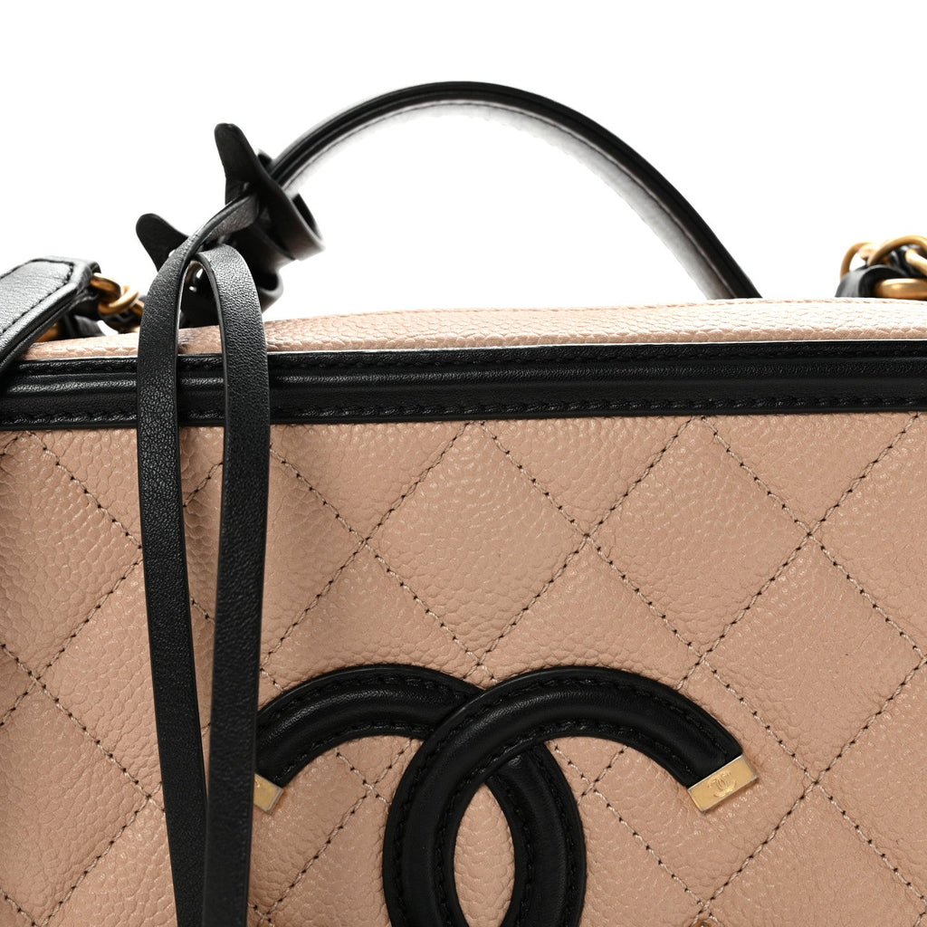 Chanel Caviar Quilted Medium CC Filigree Vanity Case Beige Black