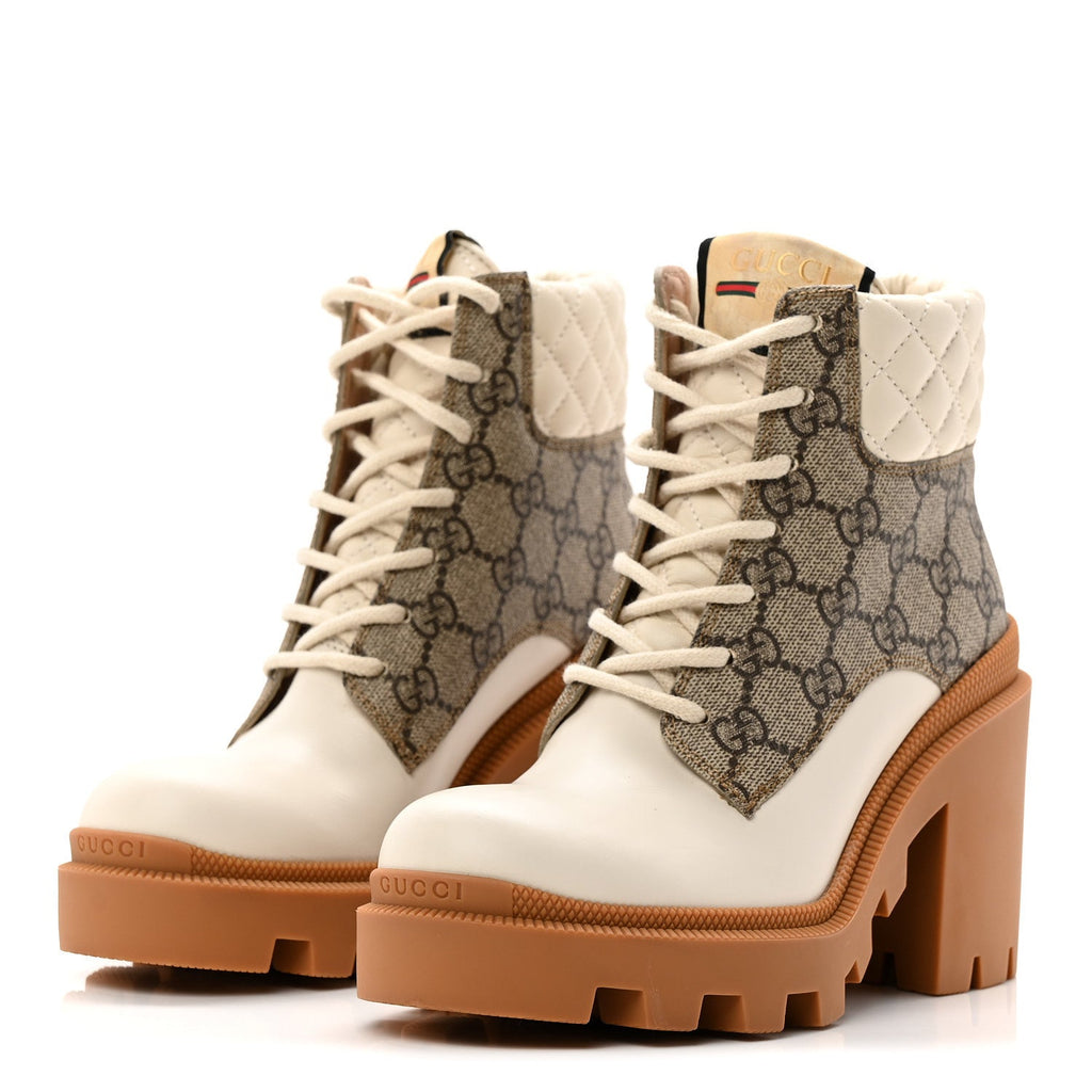 Gucci Calfskin GG Supreme Monogram Nappa Quilted Lace Up Ankle Boots 35 Mystic White Beige