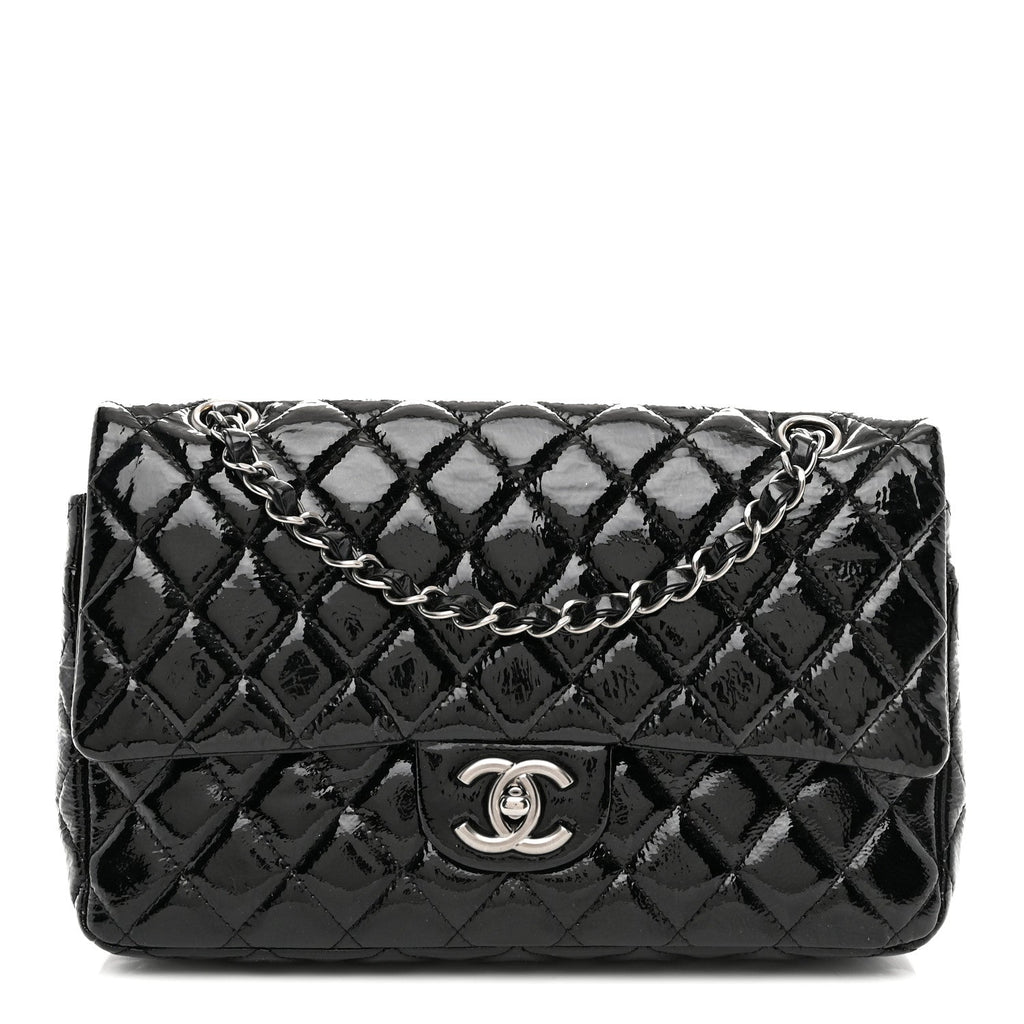Chanel Distressed Patent Quilted Medium Double Flap Black