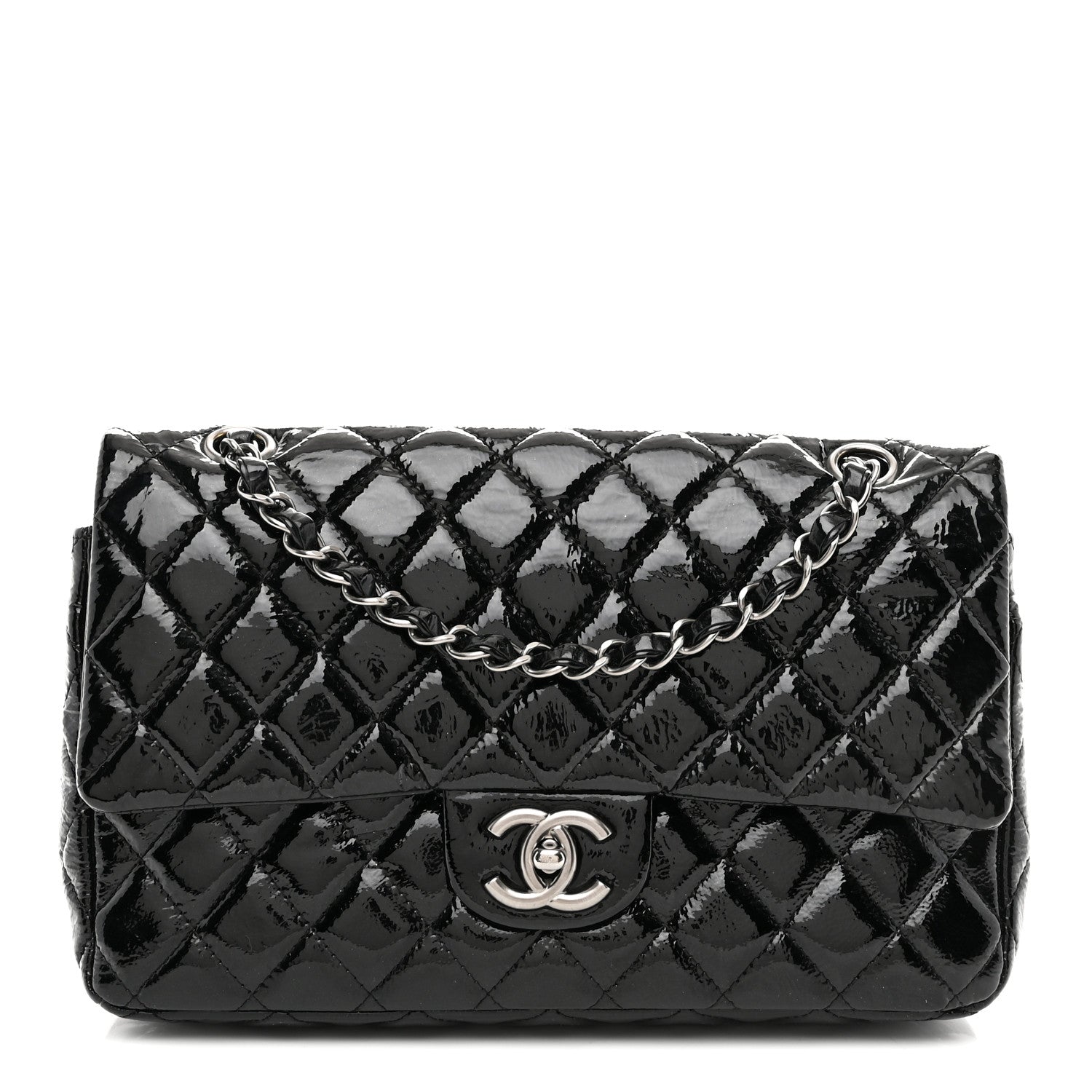 Chanel Distressed Patent Quilted Medium Double Flap Black