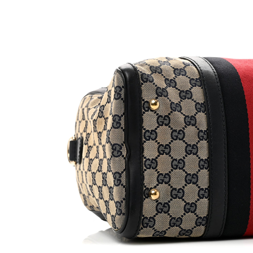 Gucci Monogram Selleria Calfskin Vintage Web Medium Boston Beige Blue