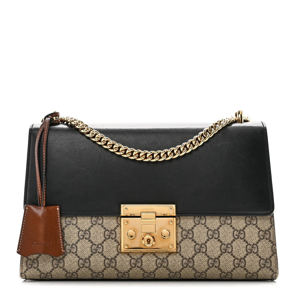 Gucci GG Supreme Monogram Calfskin Medium Padlock Shoulder Bag Beige Black Cuir