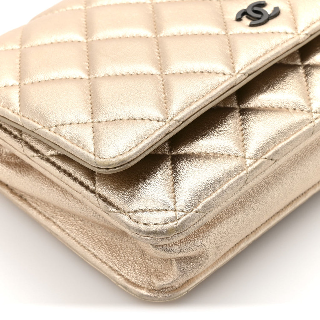 Chanel Metallic Lambskin Quilted Wallet On Chain WOC Gold Black