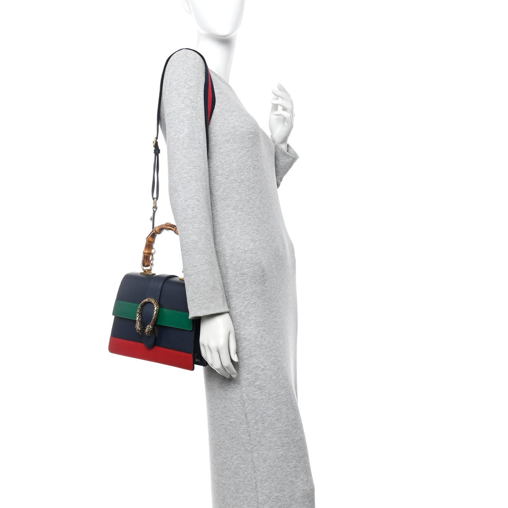 Gucci Moon Calfskin Web Medium Dionysus Bamboo Top Handle Bag Black Bright Evergreen Hibiscus Red