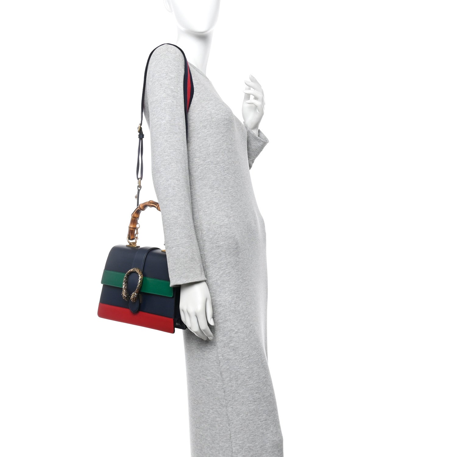 Gucci Moon Calfskin Web Medium Dionysus Bamboo Top Handle Bag Black Bright Evergreen Hibiscus Red