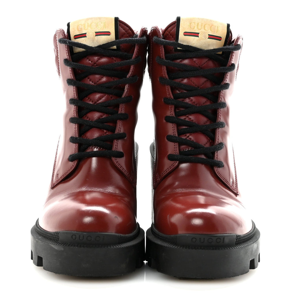 Gucci Magnum Calfskin Nappa Quilted Lace Up Ankle Boots 36 Garnet Red