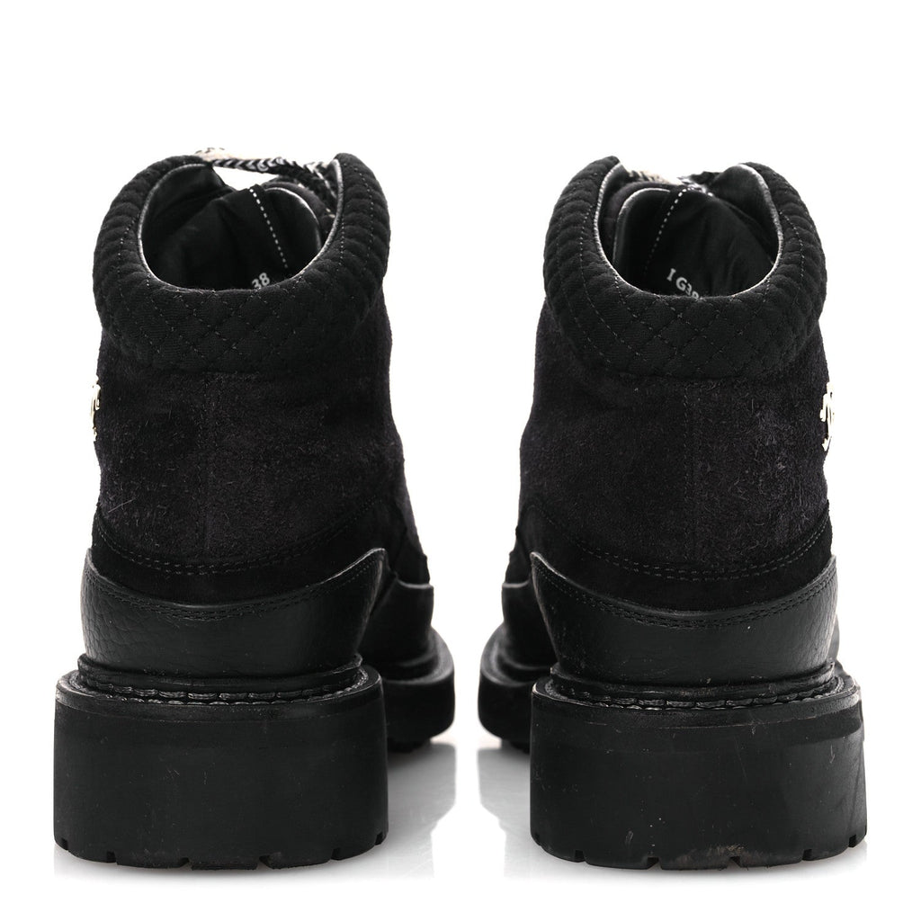Chanel Suede Grained Calfskin CC Lace Up Boots 38 Black