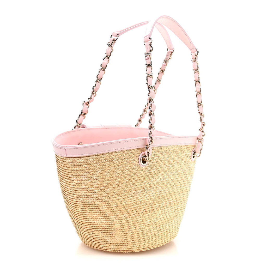 Chanel Raffia Lambskin Small Wicker Tote Beige Light Pink