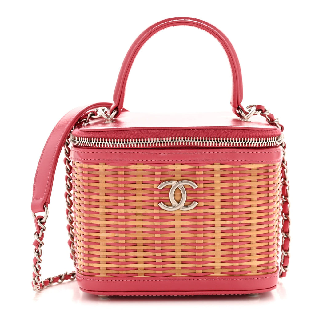 Chanel Calfskin Raffia Small Take Away Vanity Case Bag Pink Beige