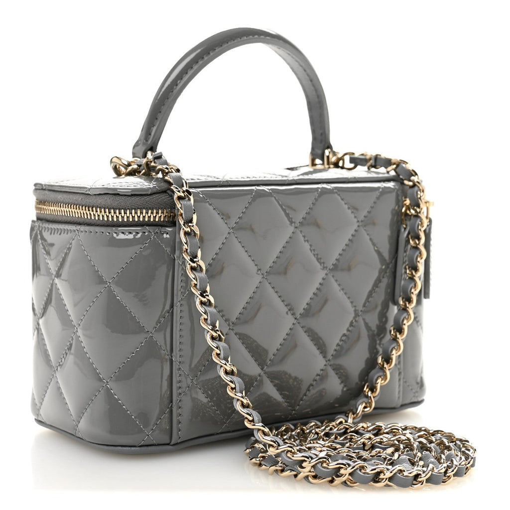 Chanel Patent Quilted Quilted Small Top Handle Vanity Case With Chain Grey