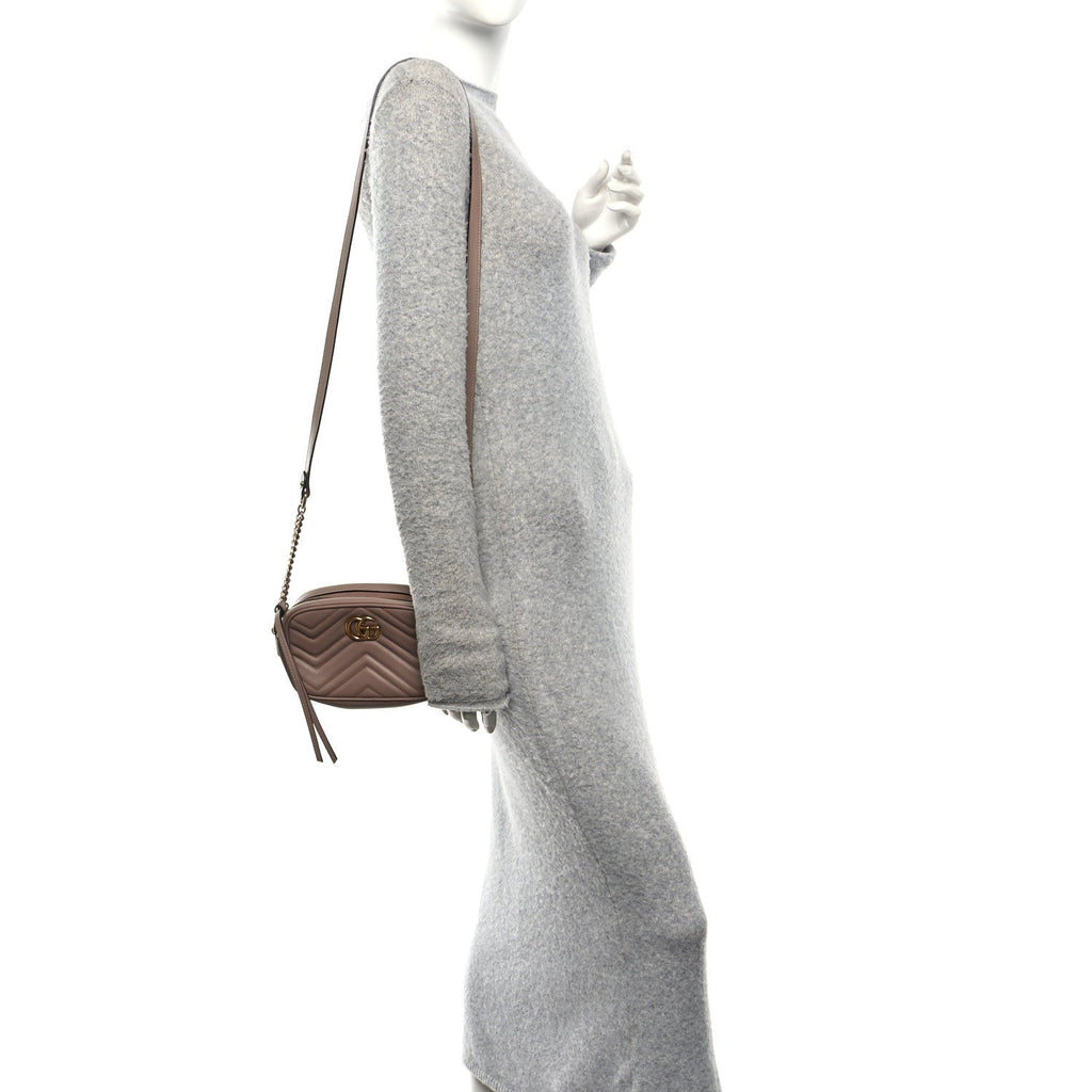 Gucci Calfskin Matelasse Mini GG Marmont Chain Shoulder Bag Porcelain Rose