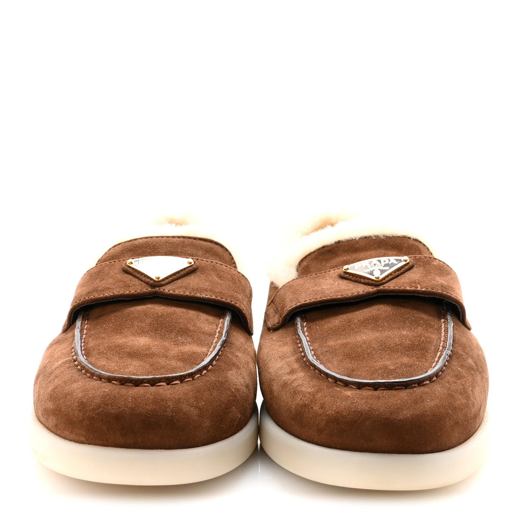 Prada Suede Shearling Triangle Logo Loafer 38.5 Cocoa Brown
