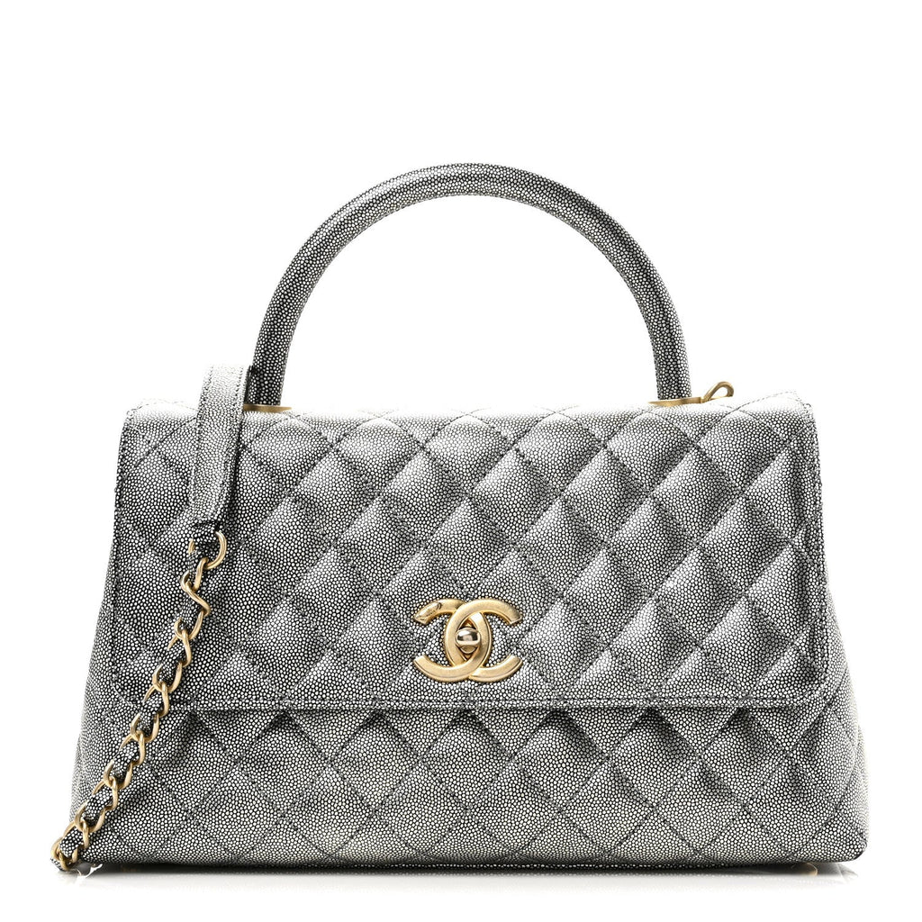 Chanel Metallic Caviar Quilted Small Coco Handle Flap Silver