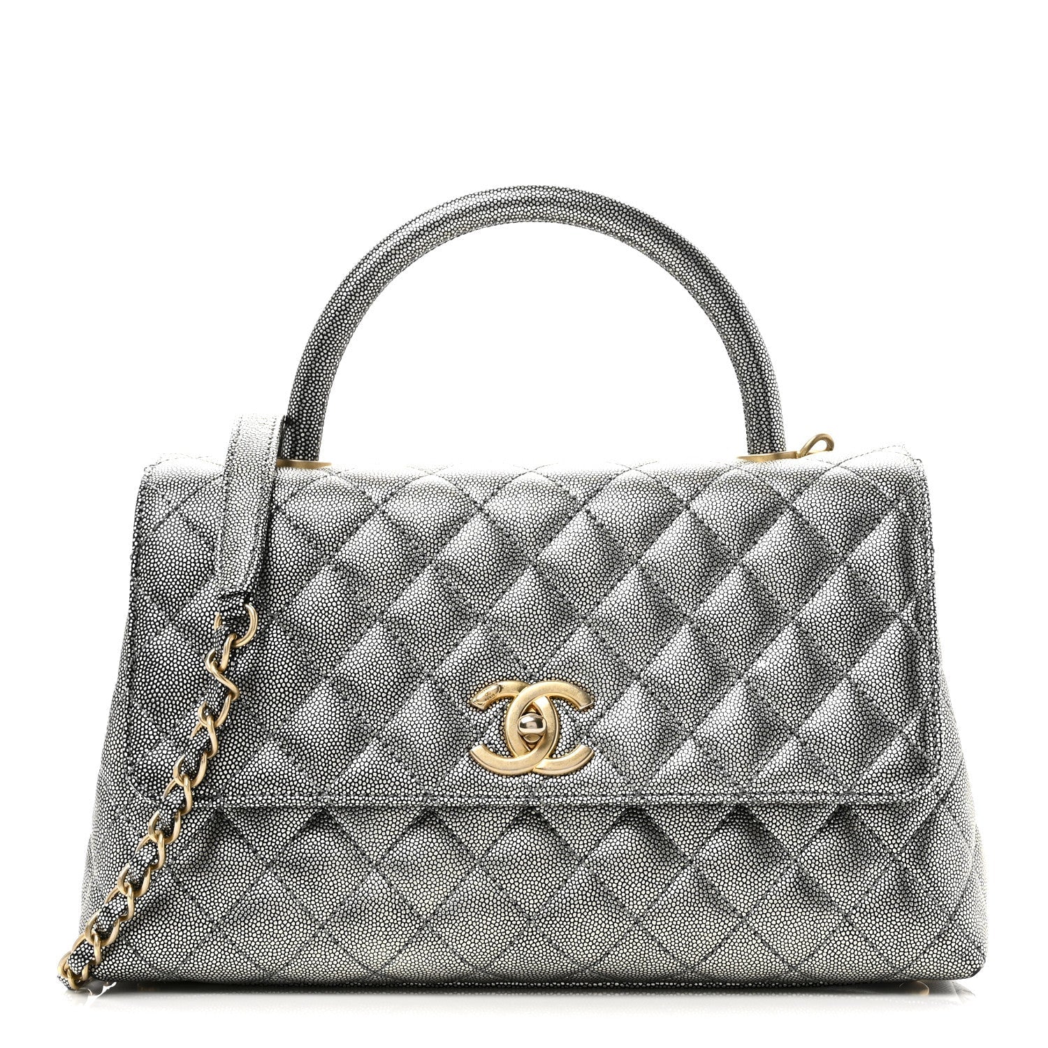 Chanel Metallic Caviar Quilted Small Coco Handle Flap Silver