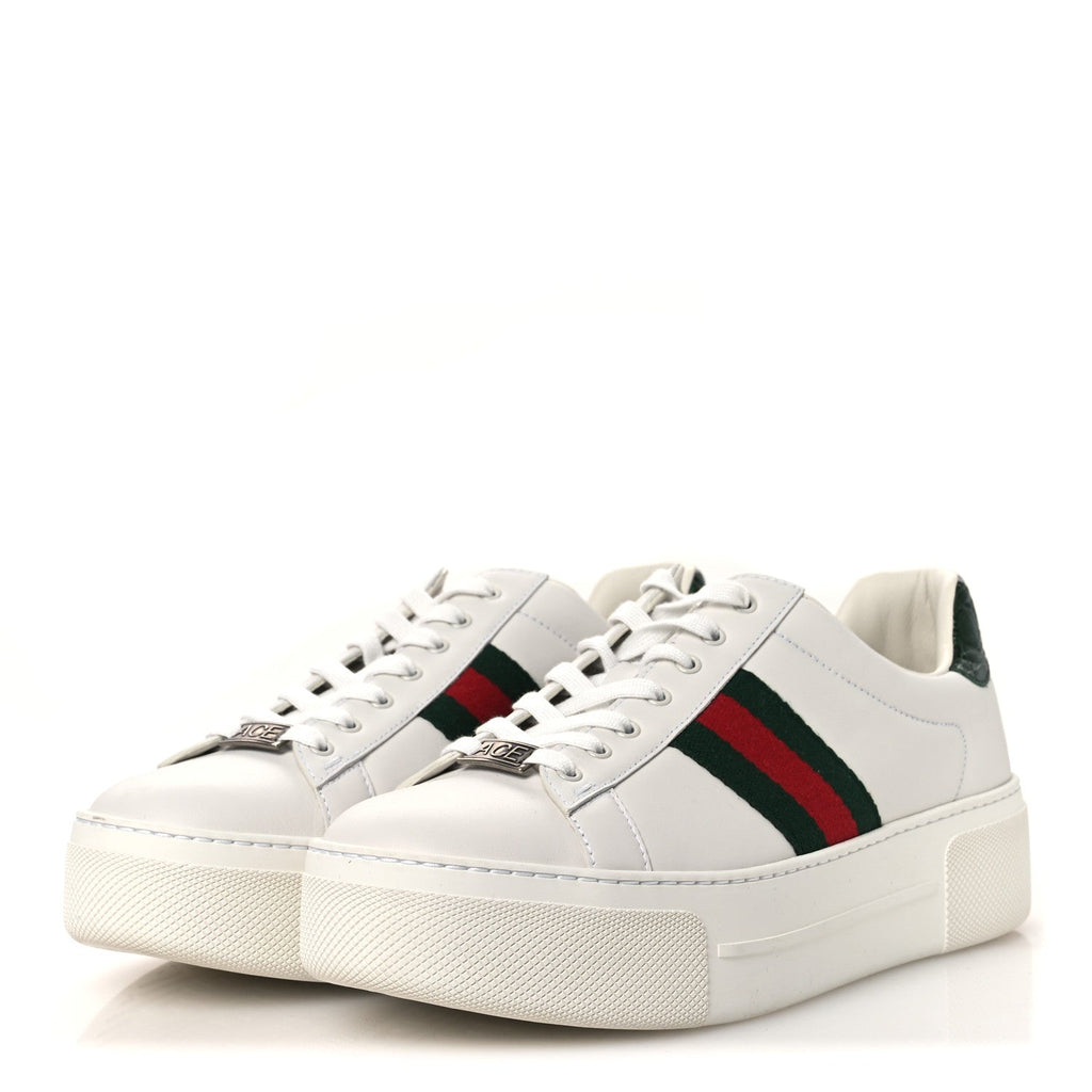 Gucci Ultralight Plume Calfskin Web Womens Ace Platform Sneakers 39.5 White