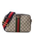 Gucci GG Supreme Monogram Textured Dollar Calfskin Web Ophidia Wristlet Shoulder Bag Beige Ebony New Acero