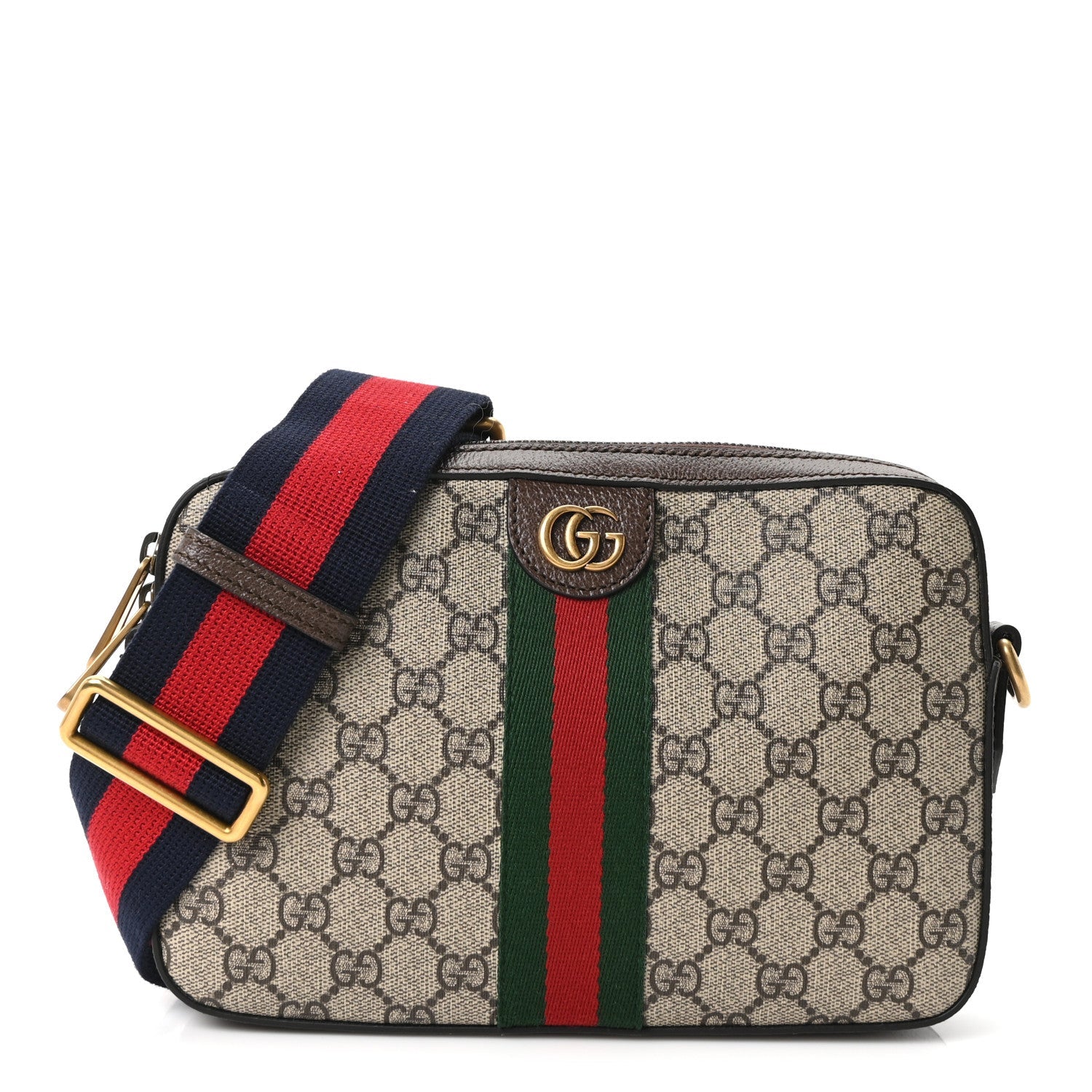 Gucci GG Supreme Monogram Textured Dollar Calfskin Web Ophidia Wristlet Shoulder Bag Beige Ebony New Acero