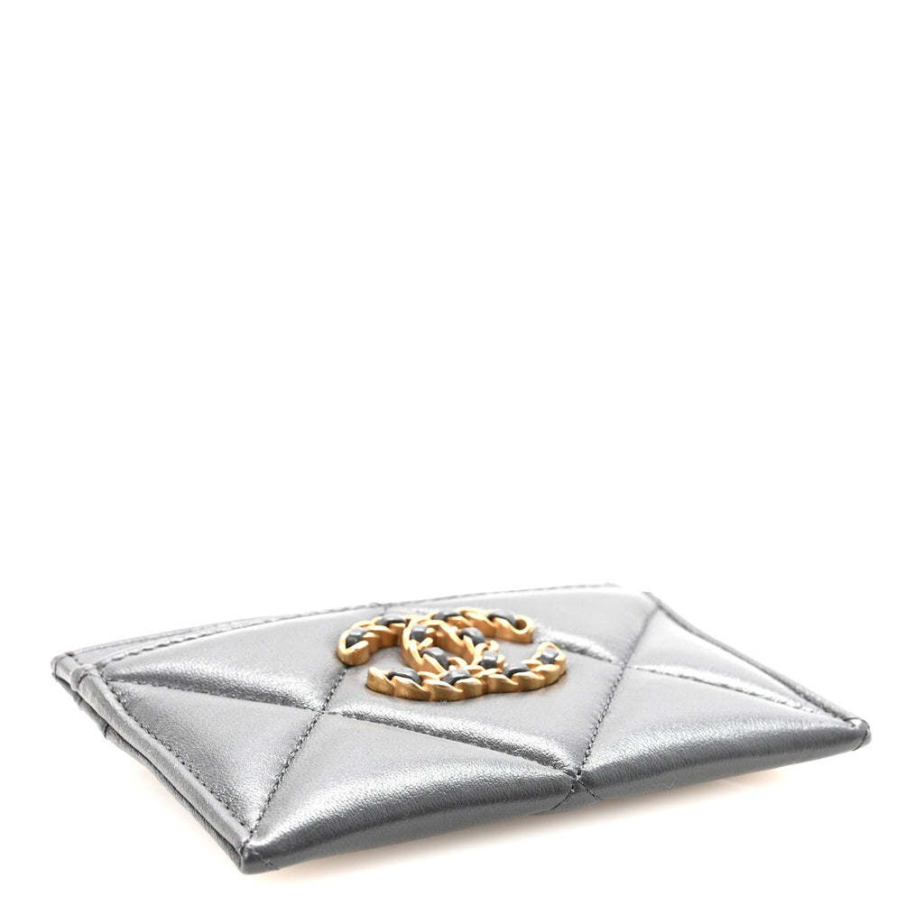 Chanel Shiny Goatskin Quilted Chanel 19 Card Holder Dark Grey