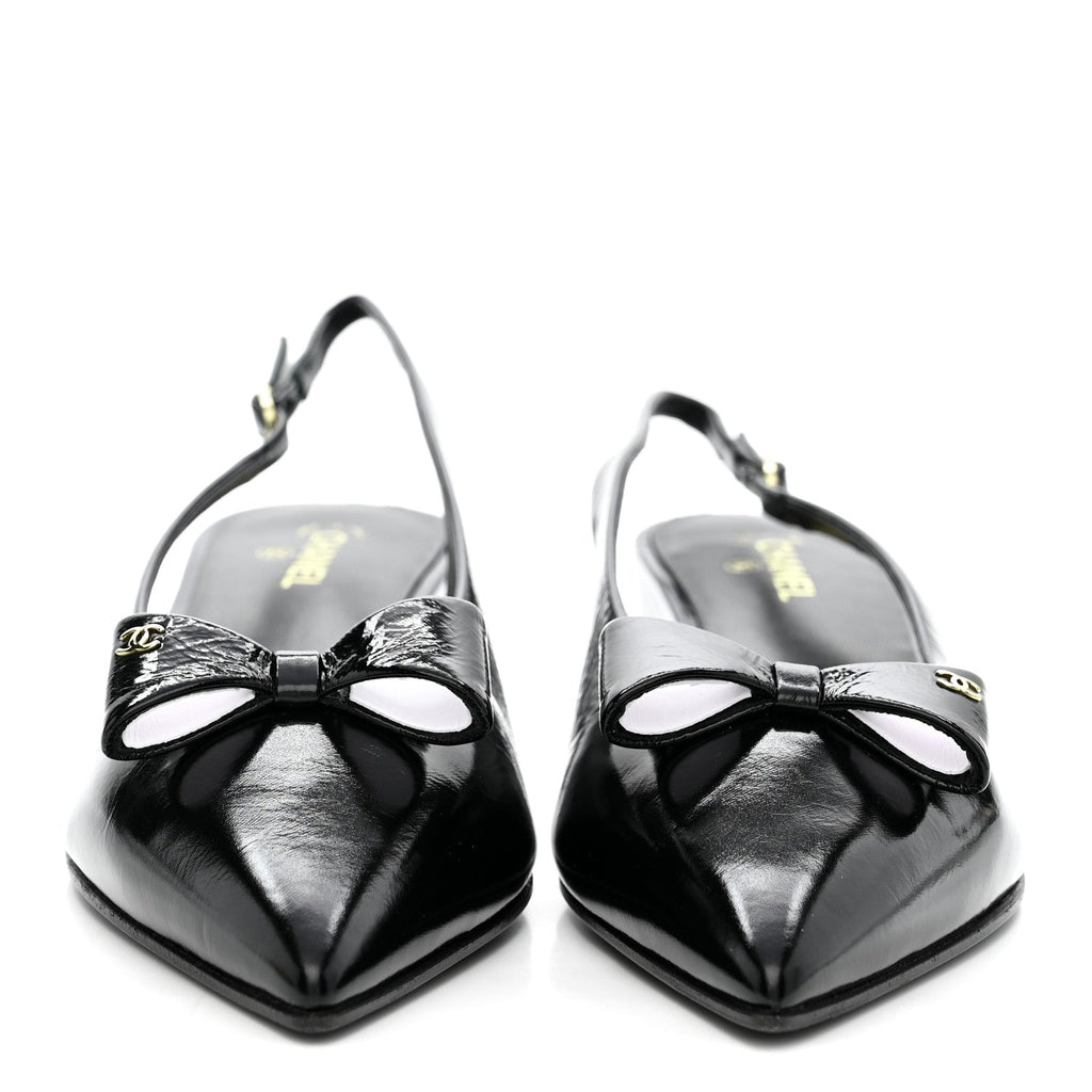 Crumpled Patent Calfskin CC Bow Slingback Pumps 38.5 Black