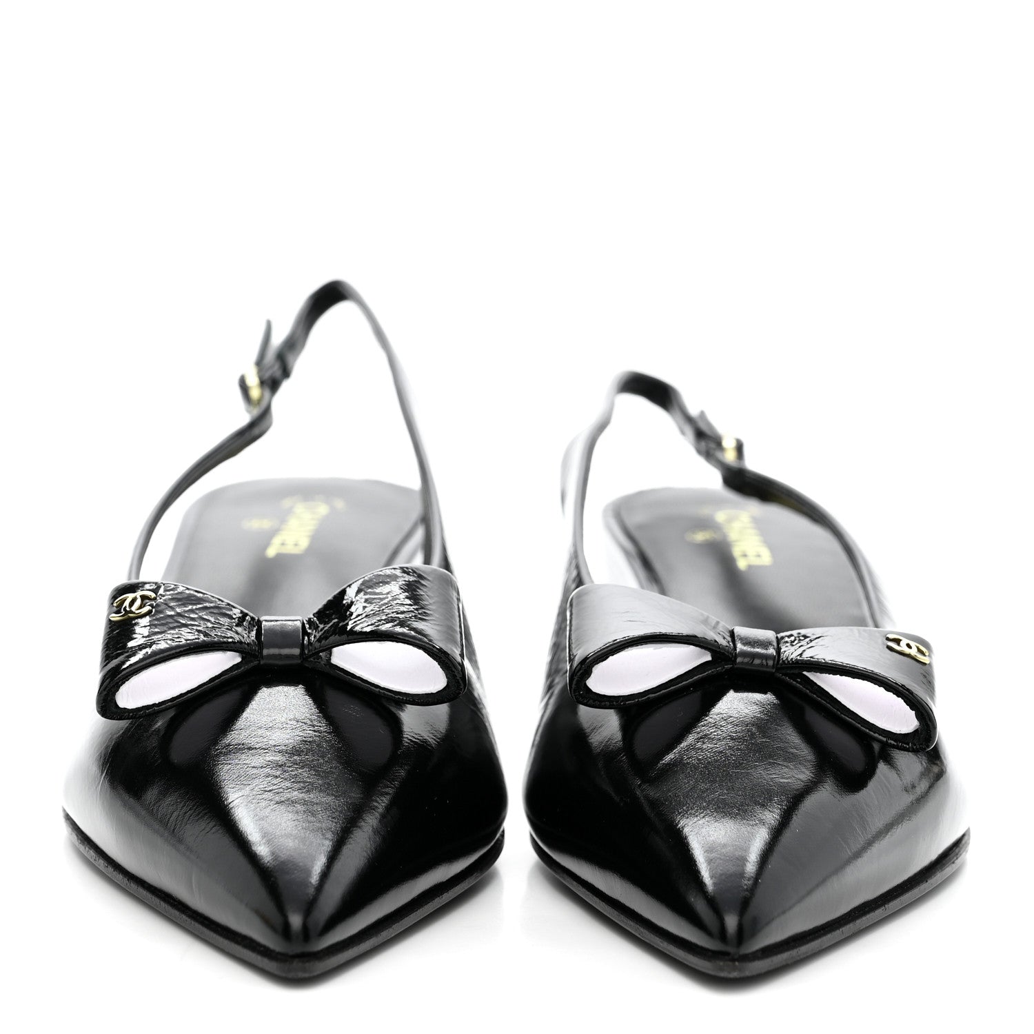 Crumpled Patent Calfskin CC Bow Slingback Pumps 38.5 Black