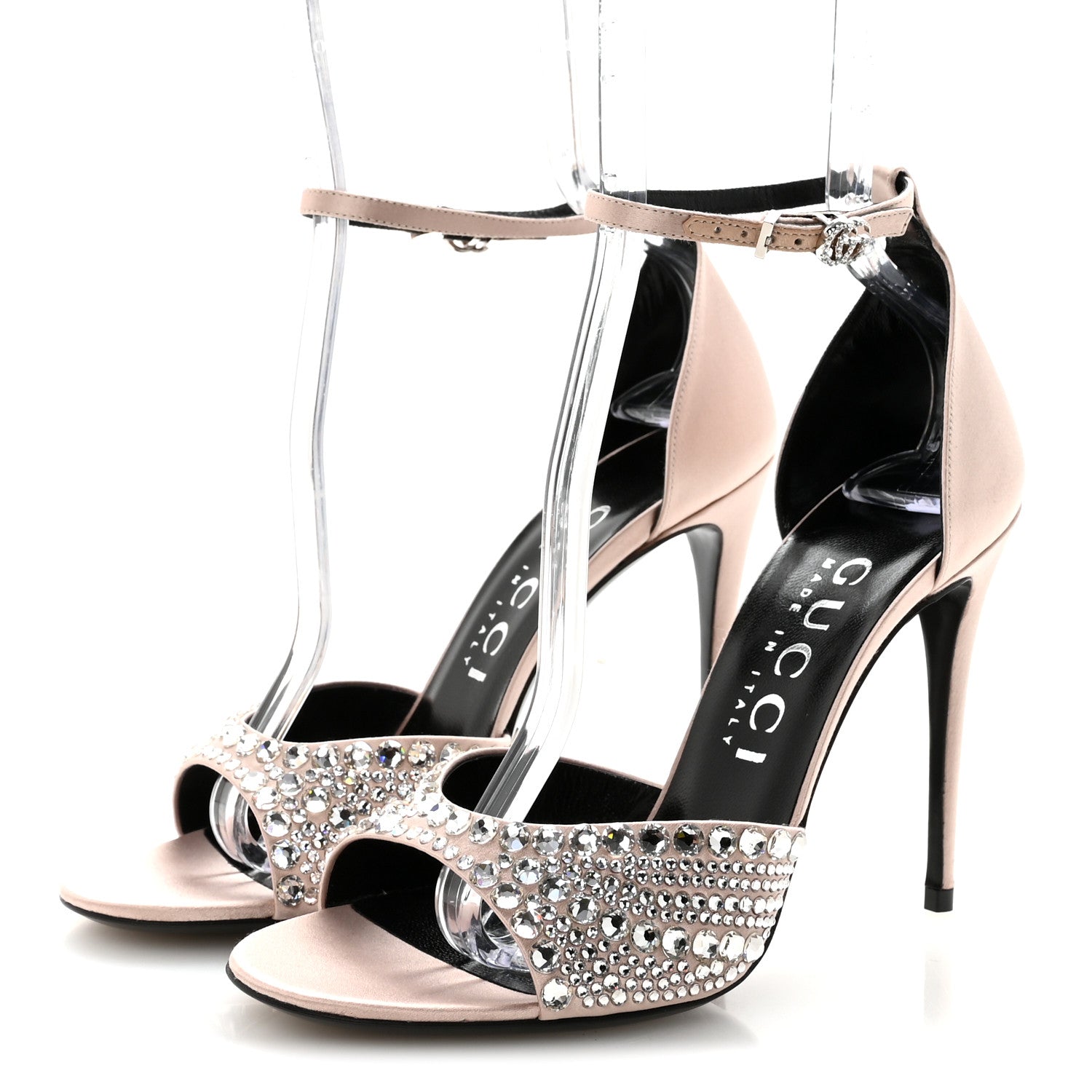 Gucci Satin Crystal Ankle Strap Sandal Pumps 38.5 Skin Rose