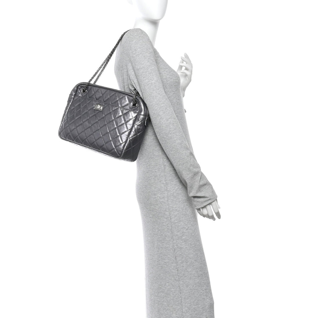 Chanel Metallic Aged Calfskin Quilted Large Reissue Camera Case Silver