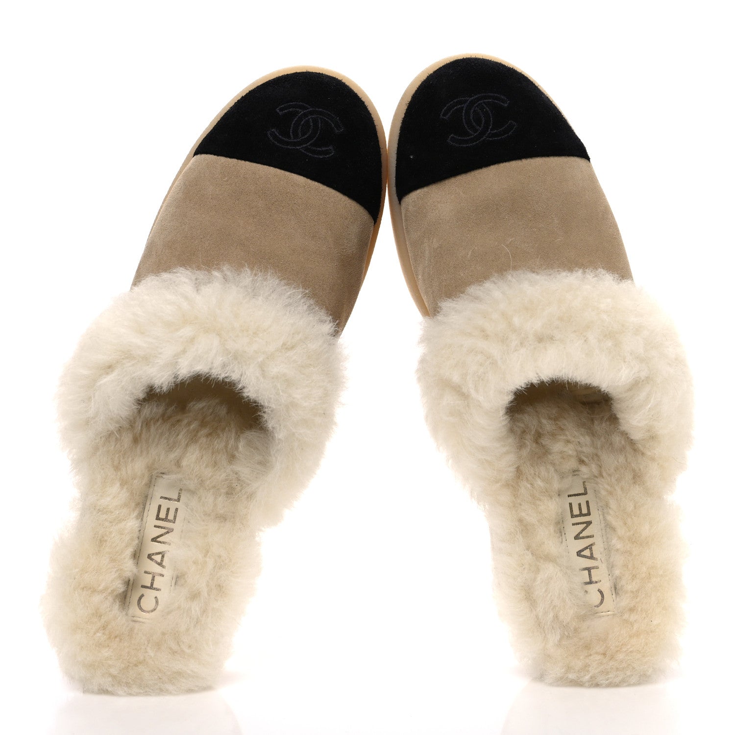 Chanel Suede Shearling CC Cap Toe Mules 41 Beige Black