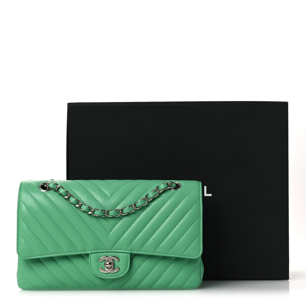 Chanel Caviar Chevron Quilted Medium Double Flap Green