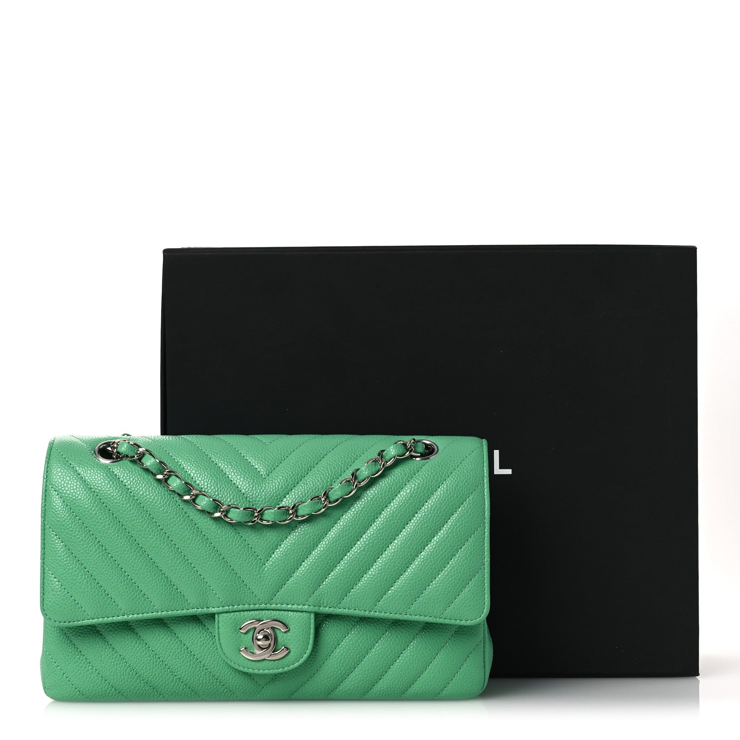 Chanel Caviar Chevron Quilted Medium Double Flap Green