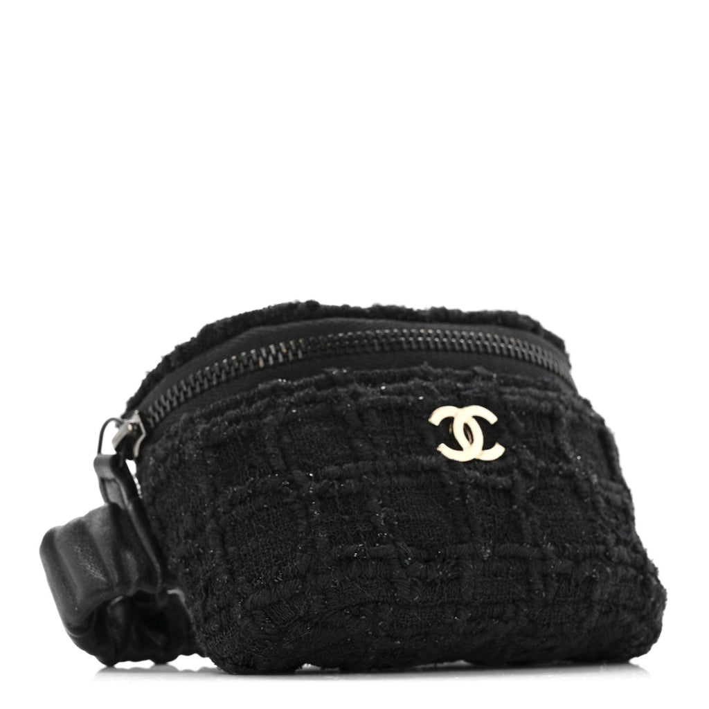 Chanel Tweed Lambskin Quilted Arm Coin Purse Black