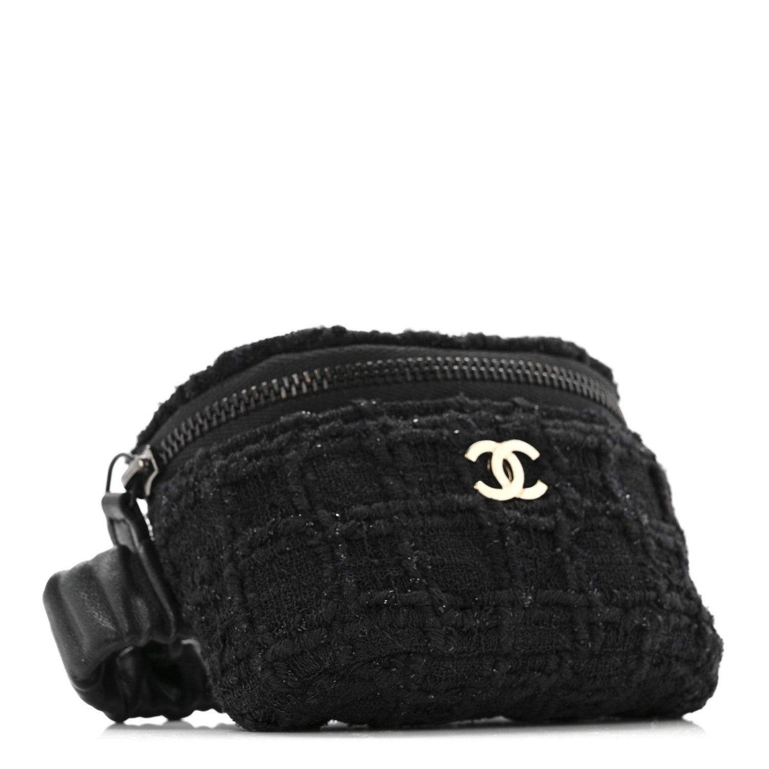 Chanel Tweed Lambskin Quilted Arm Coin Purse Black