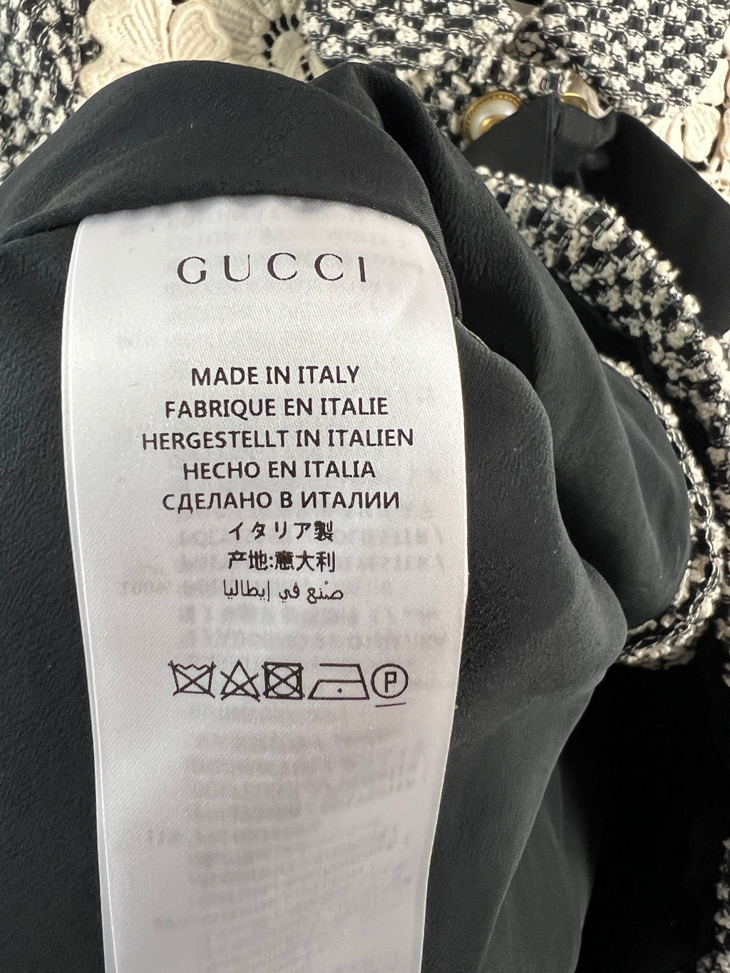 Gucci Black and White Tweed Jacket with Lace Detail and GG Buttons Size IT 36 (UK 4)