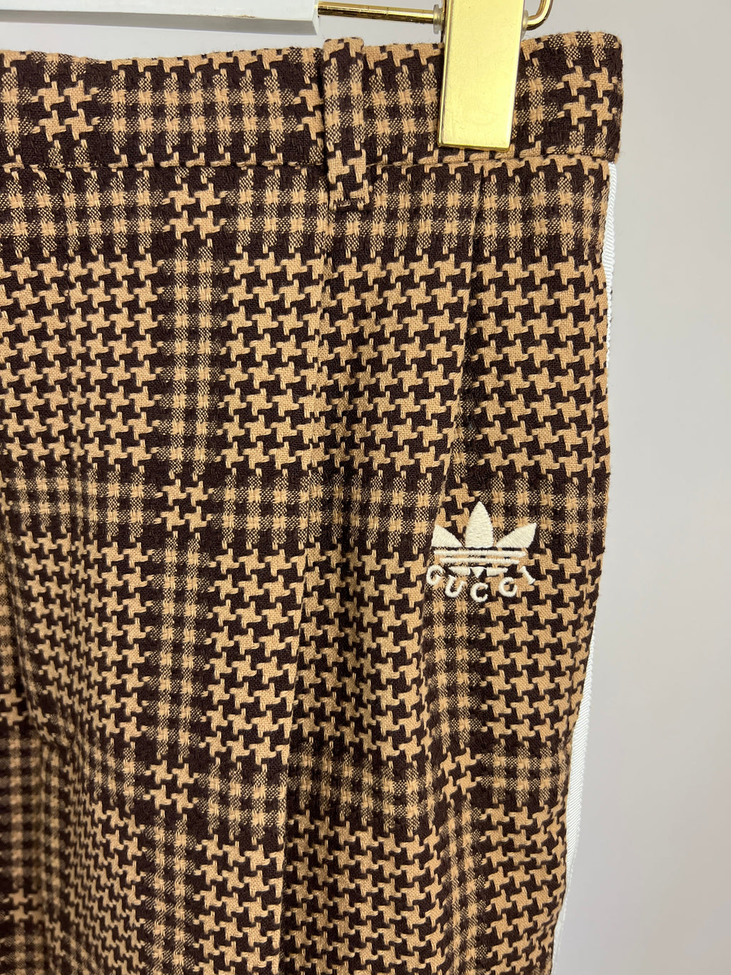 Gucci X Adidas Brown Check Wool Trousers with White Stripe Side Detail Size IT 42 (UK 10)
