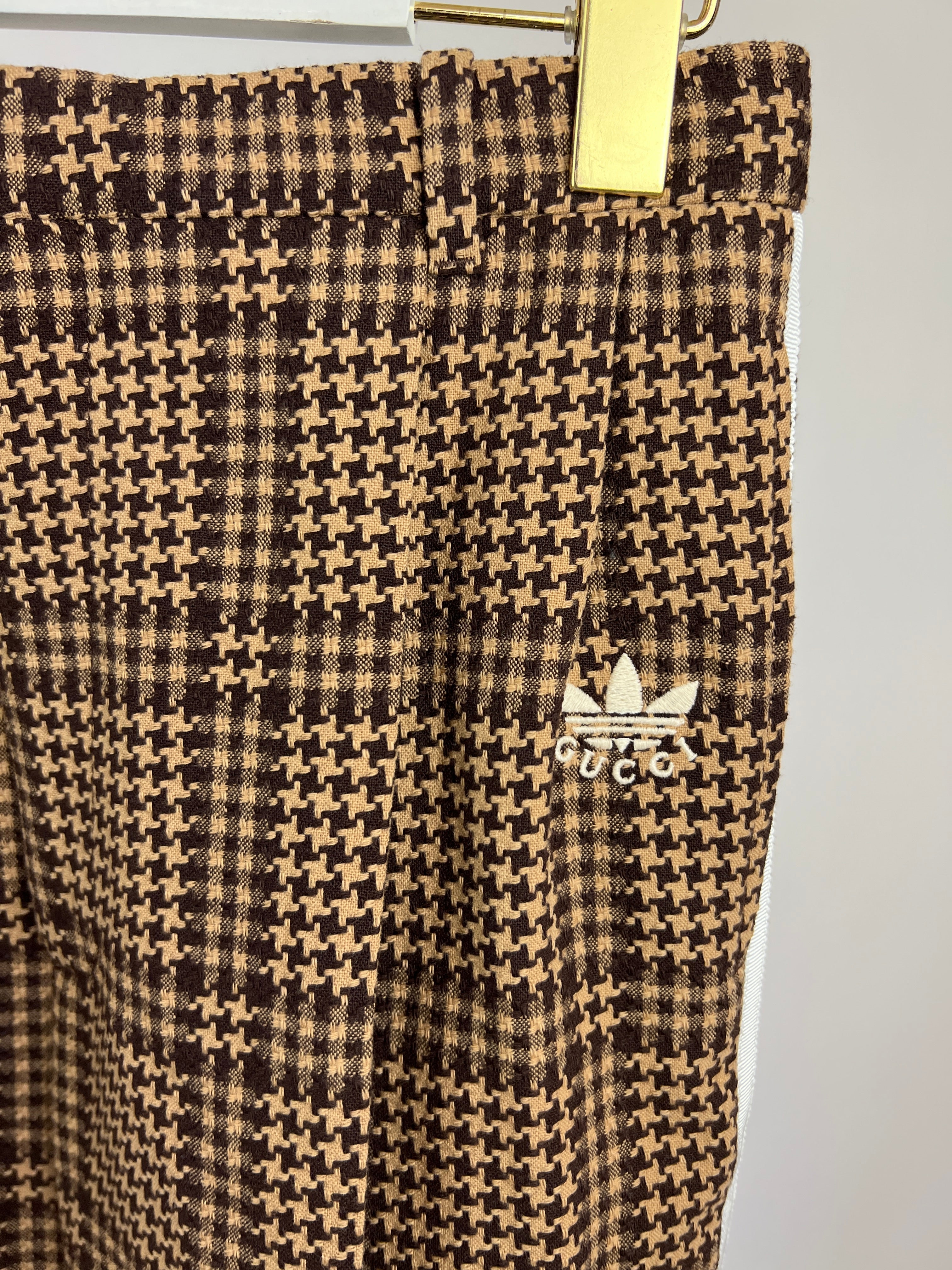 Gucci X Adidas Brown Check Wool Trousers with White Stripe Side Detail Size IT 42 (UK 10)