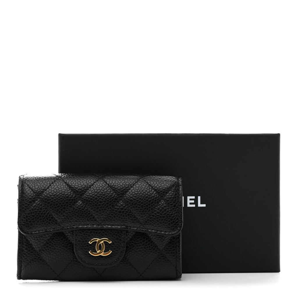 Caviar Quilted Flap Card Holder Wallet Black