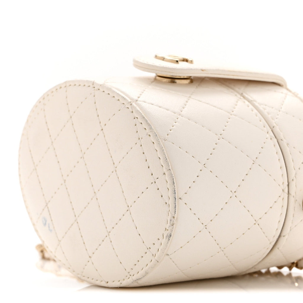 Chanel Lambskin Quilted Round Mini Vanity Case With Chain Case With Chain White
