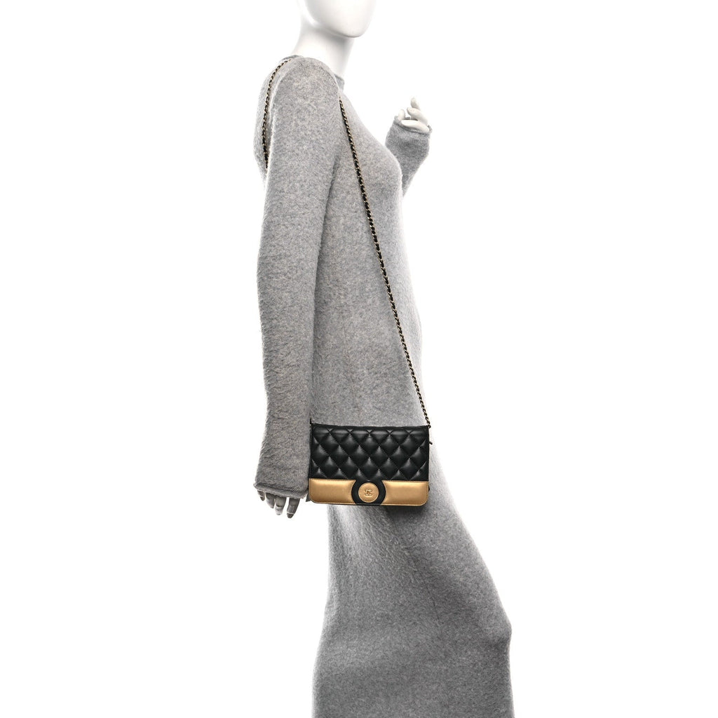 Chanel Lambskin Quilted Wallet On Chain WOC Black Gold