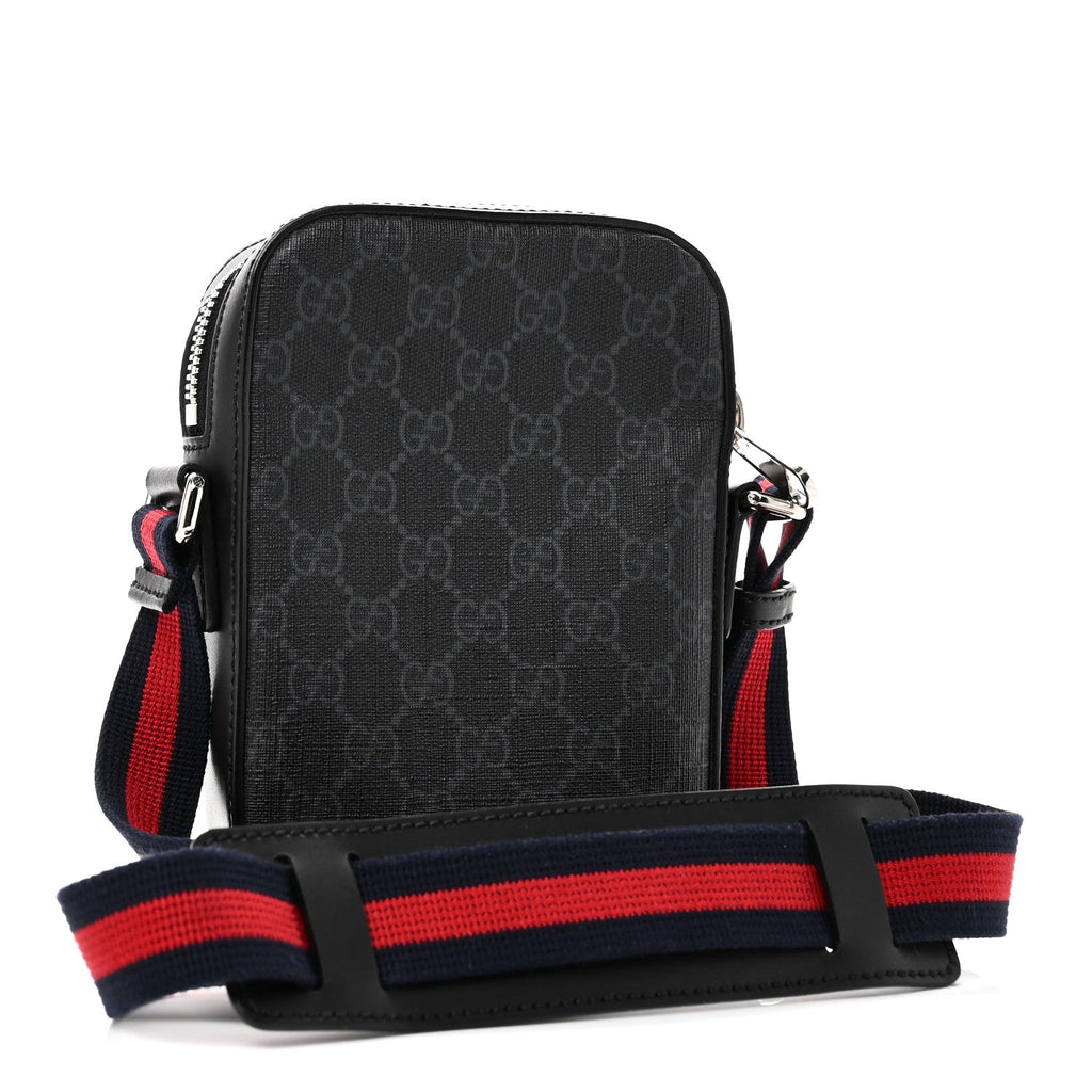 Gucci GG Supreme Monogram Appia Calfskin Web Small Camera Messenger Bag Black Grey