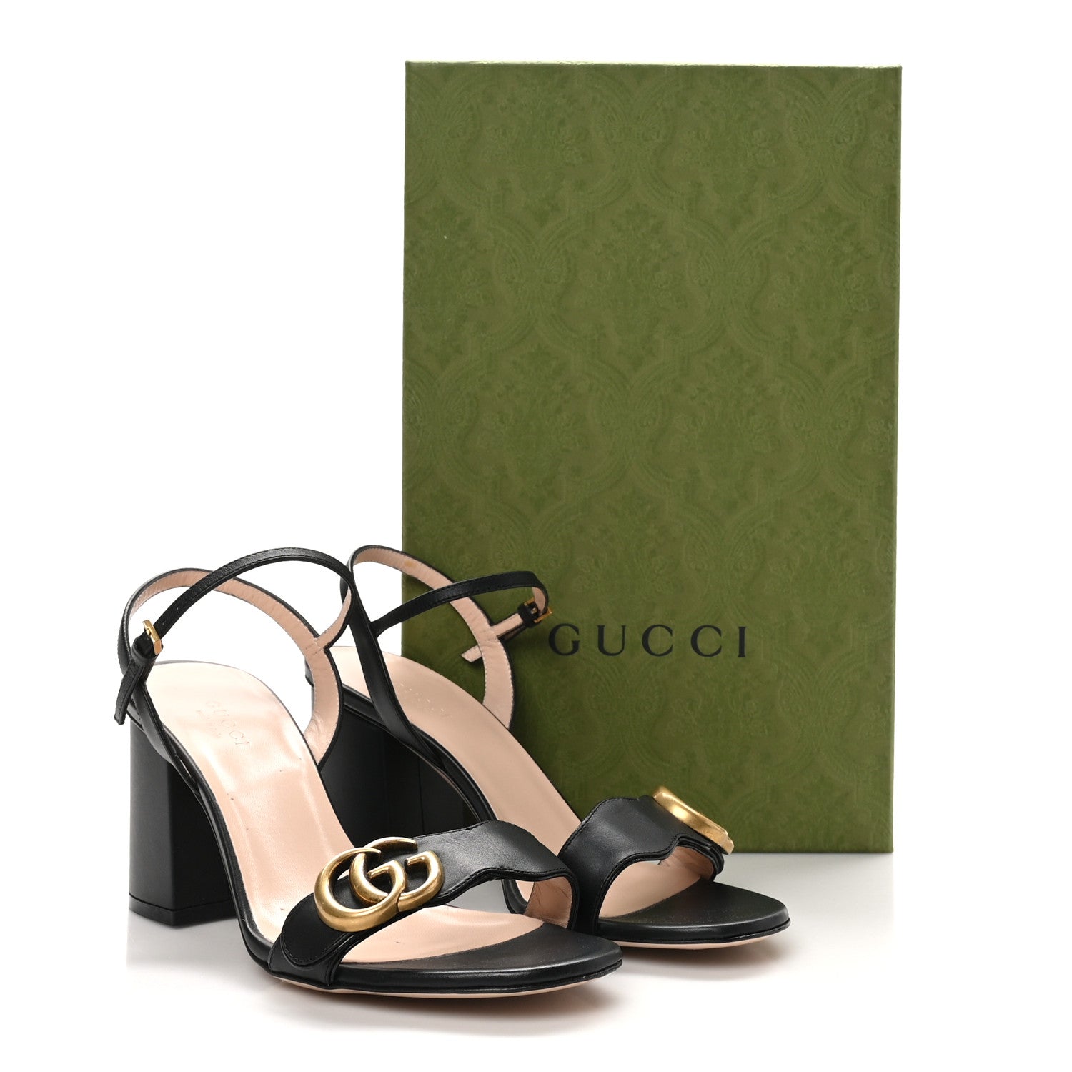 Gucci Lifford Calfskin GG Marmont Ankle Wrap 75mm Sandals 37.5 Black