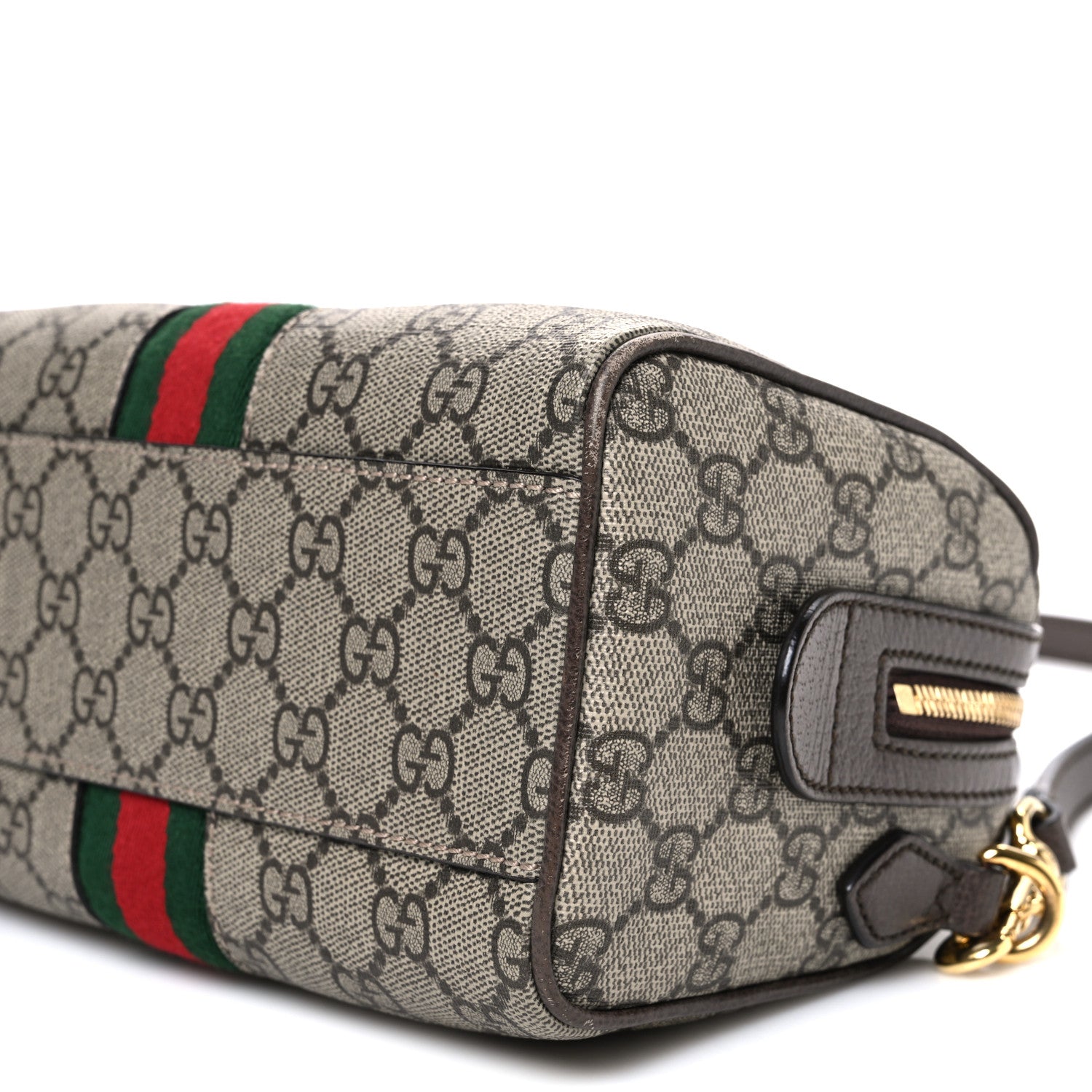 Gucci GG Supreme Monogram Textured Dollar Calfskin Web Mini Ophidia Top Handle Bag Beige Ebony New Acero